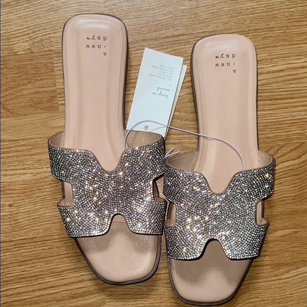 A New Day Silver Slide Sandals with Sparkly H-Strap